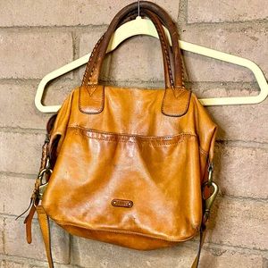 FRYE Crossbody Hobo Satchel Cognac Braided Strap Handles Leather
